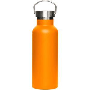 A drink bottle with a metal lid, featuring a vibrant orange finish and a sleek design.