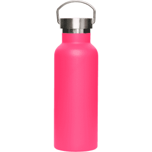 A drink bottle in vibrant pink with a metal lid and a carrying handle. Features a logo on the body.