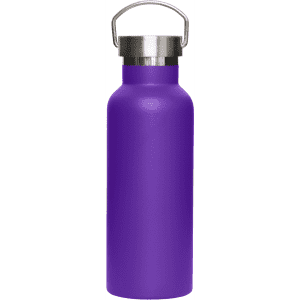 A drink bottle in vibrant purple with a stainless steel lid and handle, featuring a logo.