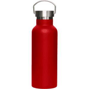 A drink bottle in vibrant red with a metal lid and a handle. It features a logo.
