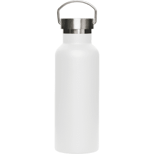 A drink bottle in white with a metal lid and handle, featuring a branding logo on its surface.