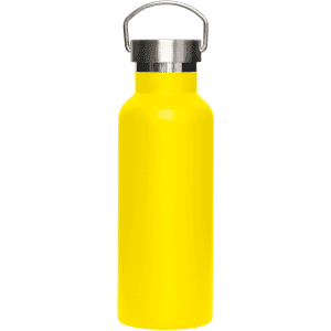 A drink bottle in vibrant yellow with a metal lid and a handle, featuring a logo.