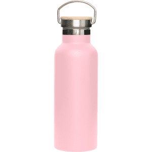 A drink bottle in pink with a bamboo lid and a metal body, featuring a carrying handle.