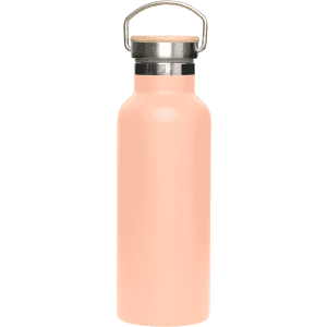 A drink bottle in a soft pink hue with a stainless steel lid and a metal handle. It features a logo.