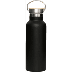 A drink bottle in matte black with a stainless steel body and a bamboo lid, featuring a metal handle.