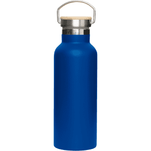 A drink bottle in vibrant blue with a stainless steel body and a bamboo lid, featuring a metal handle.