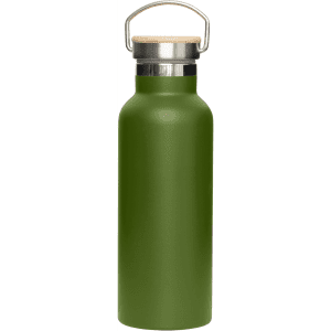 A drink bottle in matte green with a bamboo lid and a stainless steel cap, featuring a metal handle.