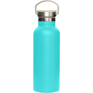 A drink bottle in vibrant turquoise with a stainless steel base and a bamboo lid. Includes a metal handle and branding.