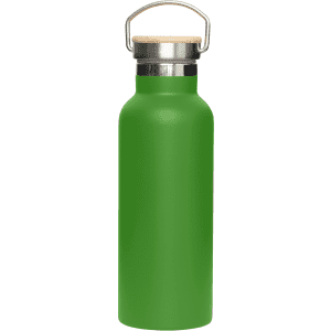 A drink bottle in matte green featuring a stainless steel body and a bamboo lid, with a metal handle.
