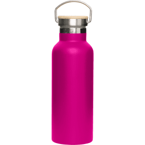 A drink bottle in vibrant pink with a stainless steel body and bamboo lid, featuring a metal handle.