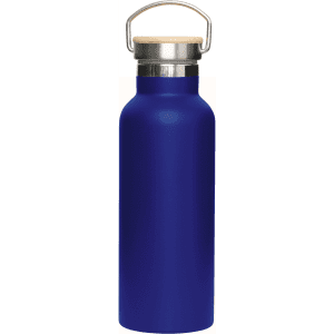 A drink bottle in vibrant blue with a stainless steel base and a bamboo lid, featuring a metallic handle.