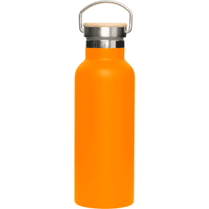 A drink bottle in vibrant orange with a stainless steel base and bamboo lid, featuring a metal handle and logo.