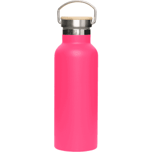 A drink bottle with a bright pink finish and a bamboo lid, featuring a metal cap and a handle.