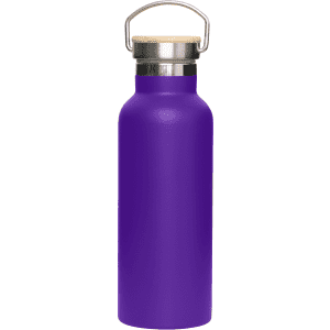 A drink bottle in vibrant purple with a stainless steel neck and a bamboo lid, featuring a metal handle.