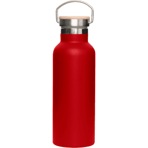 A drink bottle in vibrant red with a stainless steel body and a bamboo lid, featuring a silver handle and branding.