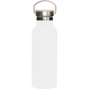 A drink bottle with a sleek white body and a bamboo lid, featuring a metal handle and a logo.