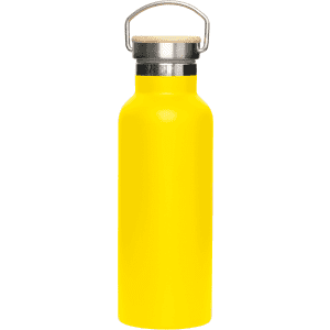 A drink bottle in bright yellow with a stainless steel cap and a bamboo lid, featuring a handle and logo.