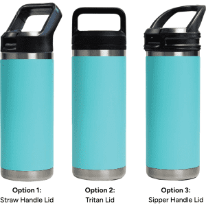 A drink bottle in turquoise with three lid options: Straw Handle, Tritan, and Sipper Handle. Features a stainless steel base.
