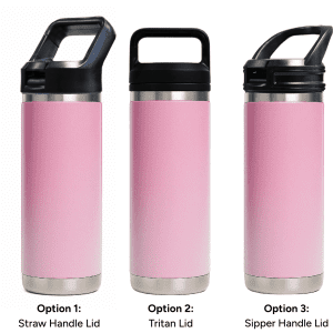 A drink bottle featuring a pink exterior and three lid options: straw handle, Tritan, and sipper handle.