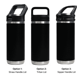 A drink bottle featuring a sleek black design with three different lid options: straw handle, Tritan lid, and sipper handle.