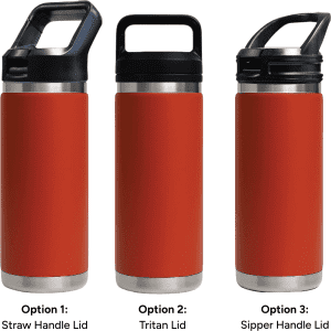 A drink bottle featuring a matte red exterior and three lid options: straw handle, Tritan lid, and sipper handle lid.