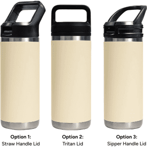 A drink bottle featuring three lid options: straw handle, Tritan, and sip handle, in a cream shade with a stainless steel base.