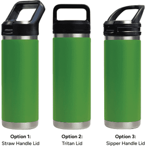A drink bottle featuring three green designs with different lid options: straw handle, Tritan lid, and sipper handle.