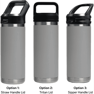 A drink bottle featuring a sleek grey design with three different lid options: a straw handle, Tritan lid, and sipper handle.