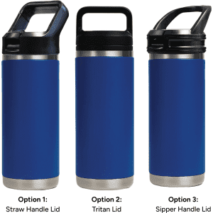 A drink bottle featuring a blue exterior with three lid options: straw handle, Tritan, and sipper handle.