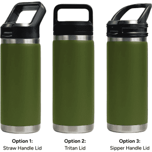 A drink bottle in green with three lid options: straw handle lid, Tritan lid, and sipper handle lid.