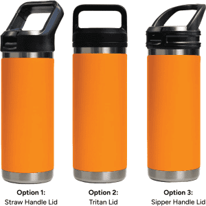 A drink bottle featuring a vibrant orange body and three different lid options: straw handle, tritan, and sipper handle.