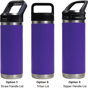 A drink bottle in purple, featuring three different lid options: straw handle, Tritan, and sipper handle.