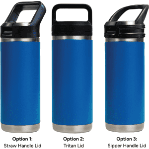 A drink bottle in blue with three lid options: Straw Handle Lid, Tritan Lid, and Sipper Handle Lid. Features a logo.