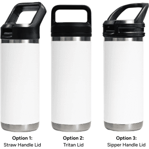 A drink bottle featuring three lid options: a straw handle lid, a Tritan lid, and a sipper handle lid, in white and stainless steel.