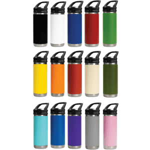 A drink bottle available in multiple colours, featuring a black lid and a sleek stainless steel base.