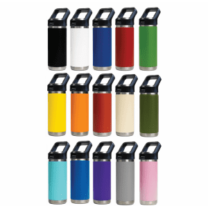 A drink bottle collection featuring a variety of colours—black, white, blue, red, green, yellow, orange, cream, olive, teal, purple, and grey—with multiple lid options.