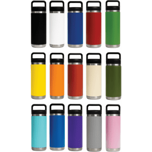 A drink bottle featuring various colours, with three different lid options and a stainless steel base. Each bottle has a logo.
