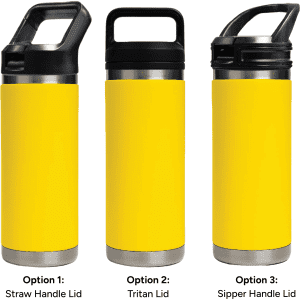 A drink bottle in yellow with three lid options: straw handle, Tritan lid, and sipper handle. It includes a logo.