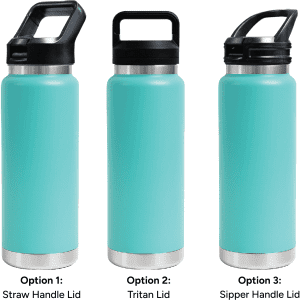 A drink bottle featured in three styles: a straw handle lid, a Tritan lid, and a sipper handle lid, all in turquoise.