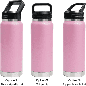 A drink bottle in pink with three lid options: straw handle, Tritan, and sipper handle. Features a logo.