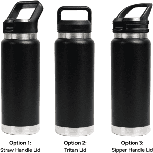 A drink bottle in matte black with three lid options: straw handle, Tritan, and sipper handle. Features a metallic base.