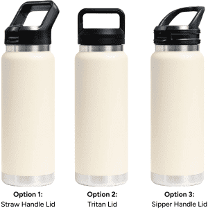 A drink bottle in cream colour featuring three lid options: Straw Handle Lid, Tritan Lid, and Sipper Handle Lid.