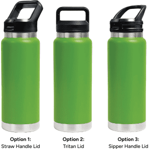 A drink bottle trio in vibrant green, featuring three different lid options: straw handle, Tritan, and sipper handle.
