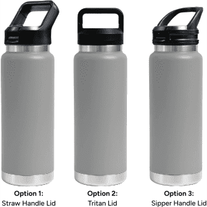 A drink bottle trio in grey, featuring three lid options: straw handle, Tritan, and sipper handle. Each has a logo.