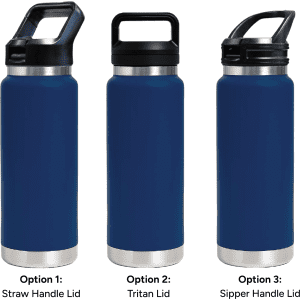 A drink bottle in navy blue with three lid options: Straw Handle, Tritan, and Sipper Handle, featuring a silver base.