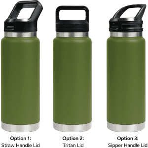 A drink bottle in olive green, featuring three lid options: Straw Handle, Tritan, and Sipper Handle.