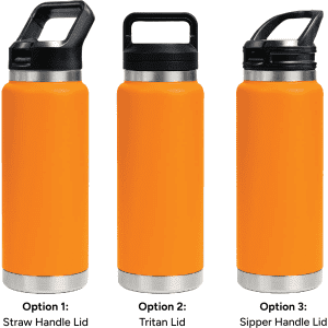 A drink bottle in vivid orange with three different lid options: straw handle, Tritan lid, and sipper handle.