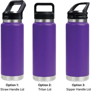 A drink bottle in purple features three lid options: straw handle lid, Tritan lid, and sipper handle lid.
