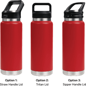 A drink bottle featuring a red body and three lid options: straw handle, Tritan, and sipper handle.