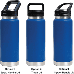 A drink bottle trio featuring a blue vacuum bottle with three different lid options: straw handle, Tritan, and sipper handle.